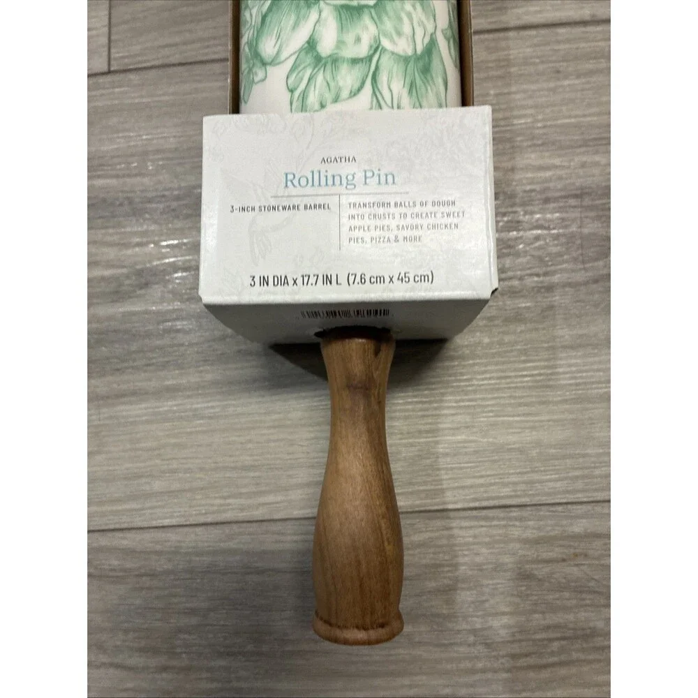 NEW-Pioneer Woman AGATHA Green Rolling Pin-Olivewood Handles-Butterflies